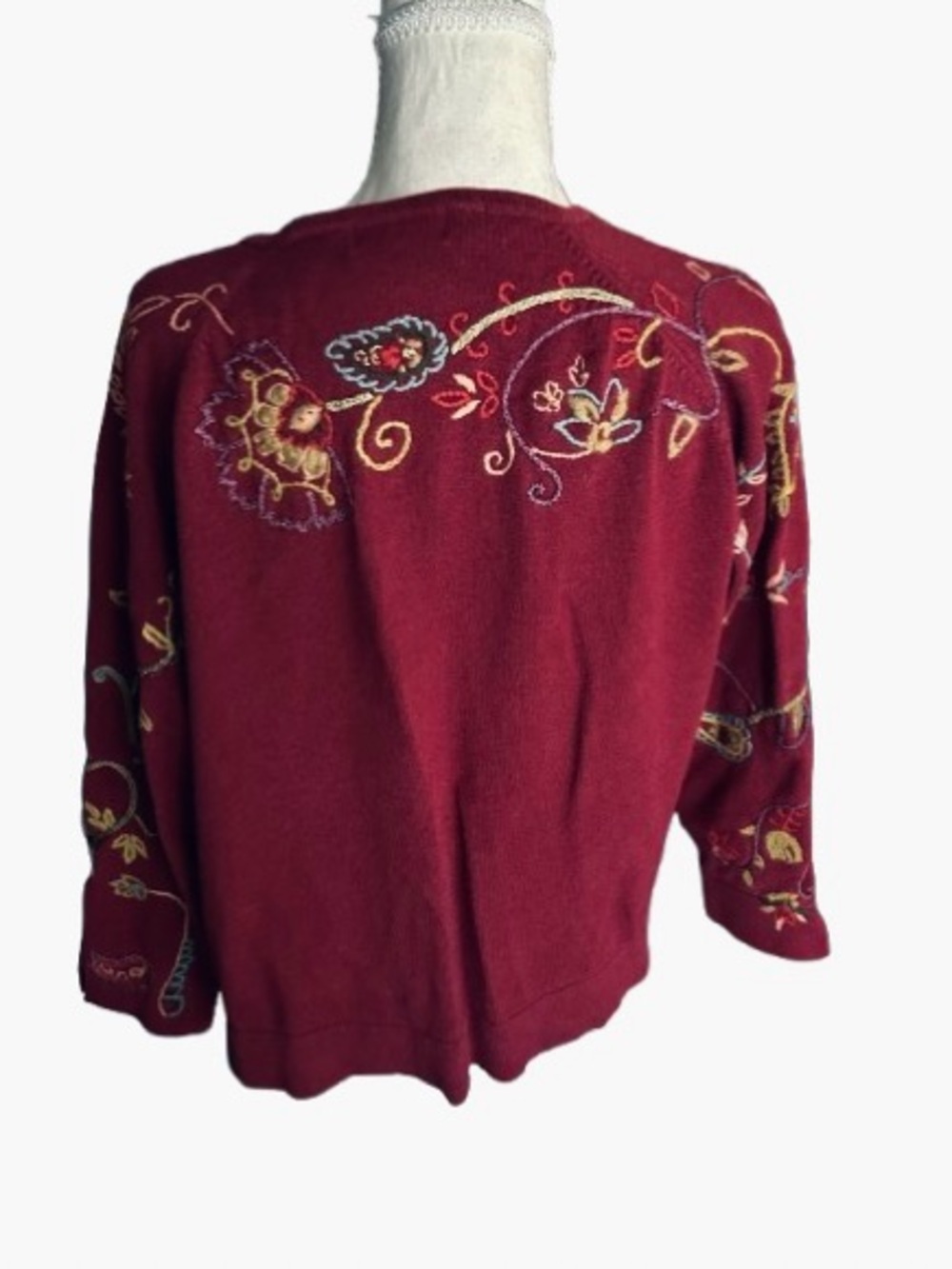 Vintage Embroidered Floral I.V.Y. Cardigan Sweater Burgundy Extra Large Boho Y2K